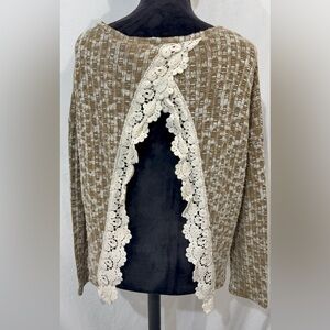ENTRO Open Back Crochet‎ Detail Long Sleeve Blouse Knitwear Beige/Brown V Neck M